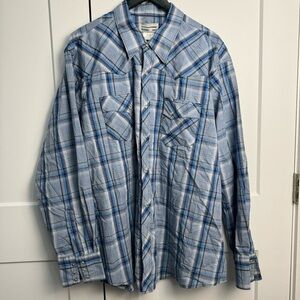 Wrangler Men’s Blue Plaid Pearl Snap Long Sleeve Western Wrancher Shirt 2XL
